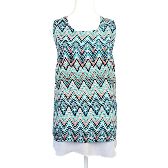 Womens XL Zac & Rachel Chevron Aztec Print Zipper Back Design Layered Sheer Top - Picture 1 of 12